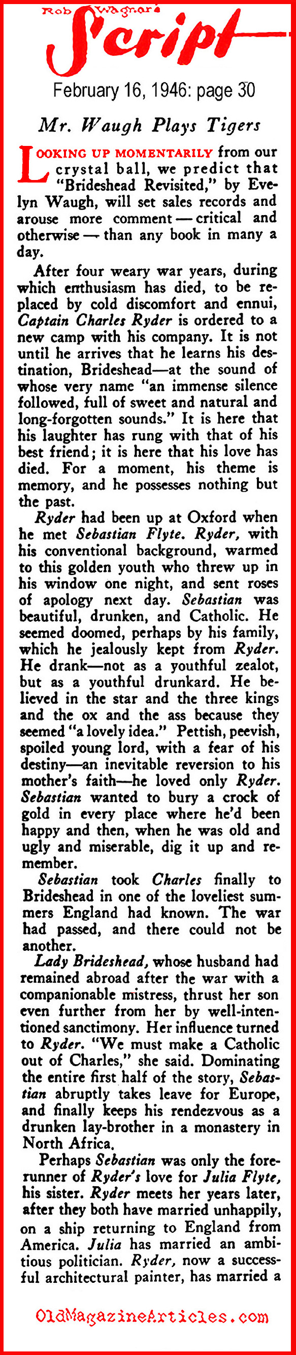 A Review of <i>Brideshead Revisited</i> (Rob Wagner's Script Magazinet, 1946)