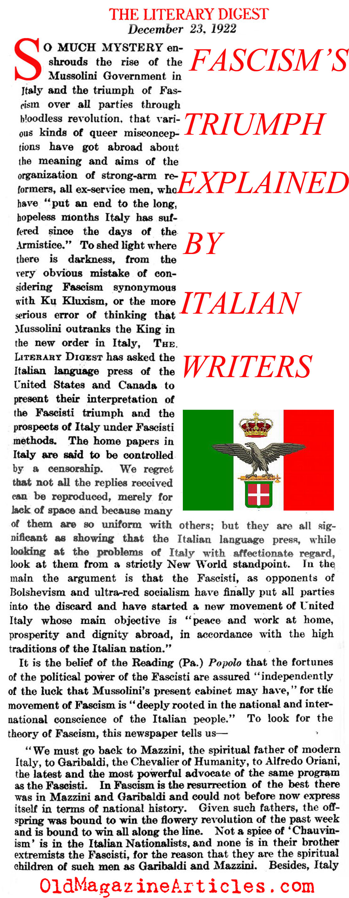 Fascism's Triumph Explained by Italian-American Journalists (Literary Digest, 1922)