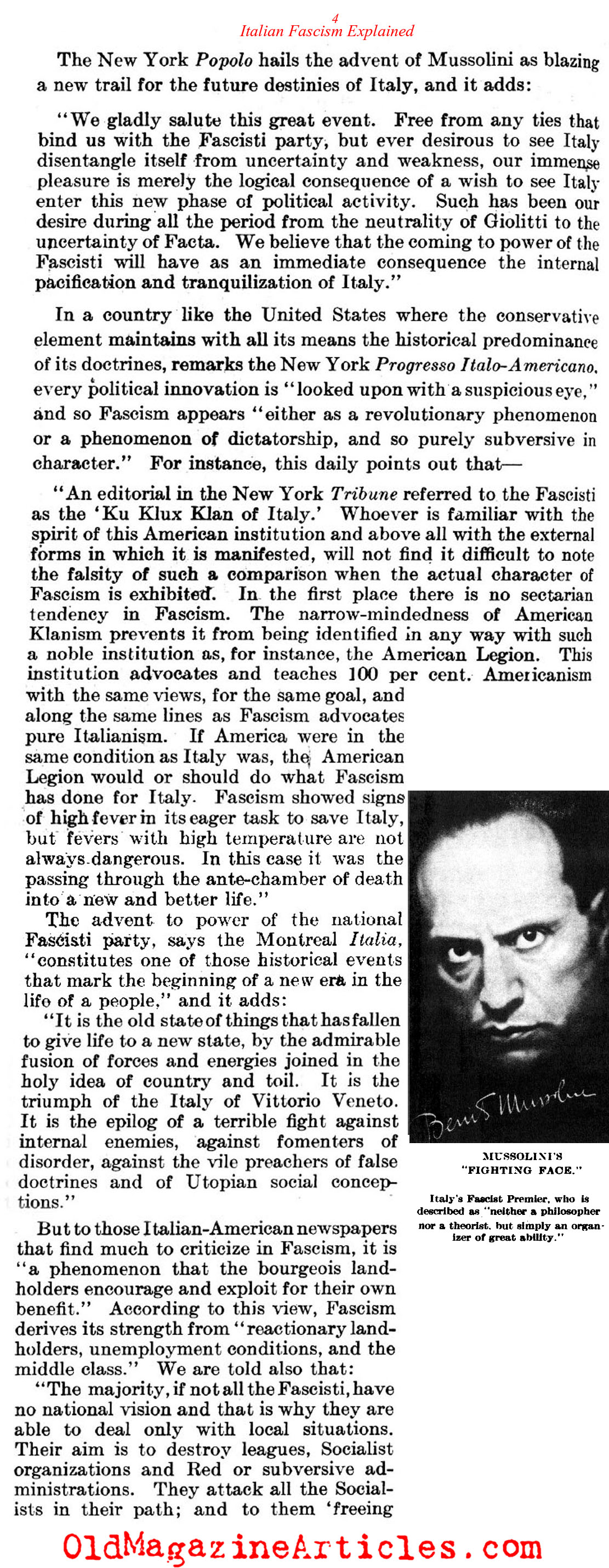 Fascism's Triumph Explained by Italian-American Journalists (Literary Digest, 1922)