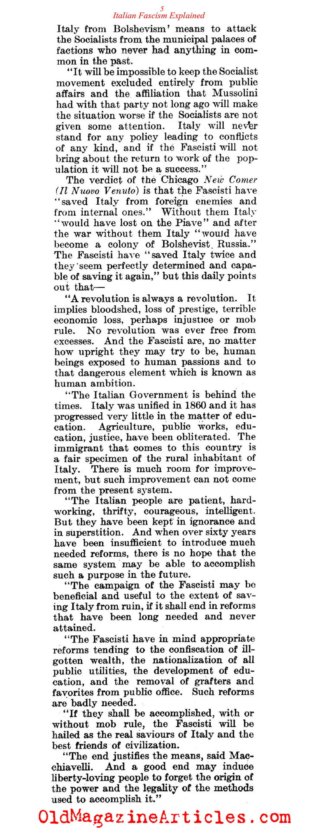 Fascism's Triumph Explained by Italian-American Journalists (Literary Digest, 1922)