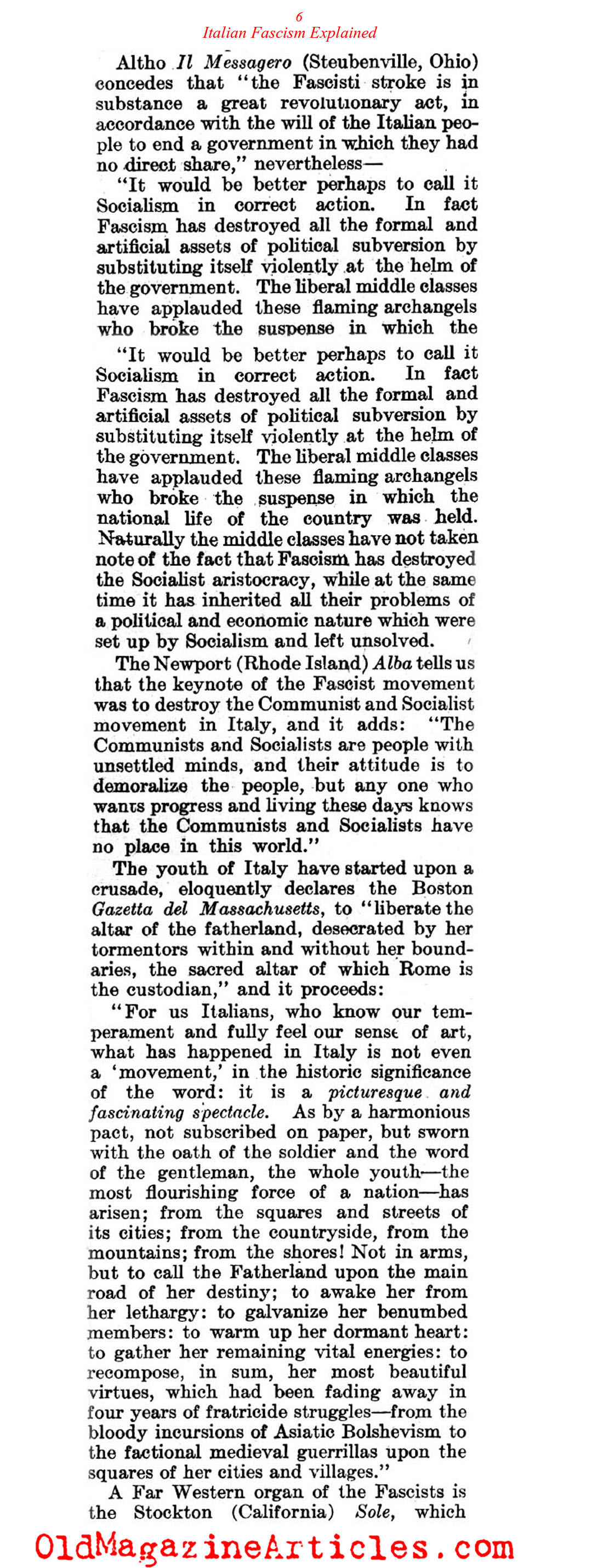 Fascism's Triumph Explained by Italian-American Journalists (Literary Digest, 1922)