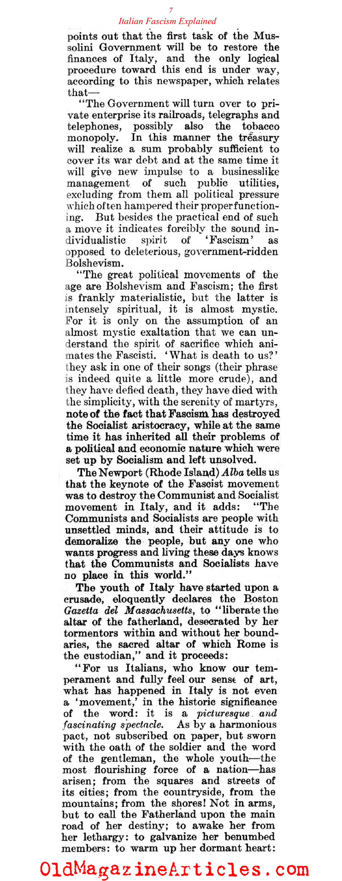 Fascism's Triumph Explained by Italian-American Journalists (Literary Digest, 1922)