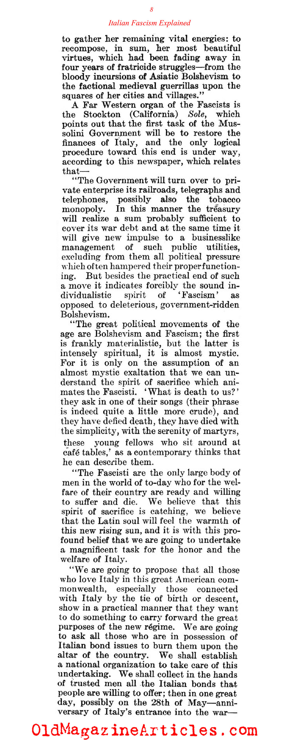 Fascism's Triumph Explained by Italian-American Journalists (Literary Digest, 1922)