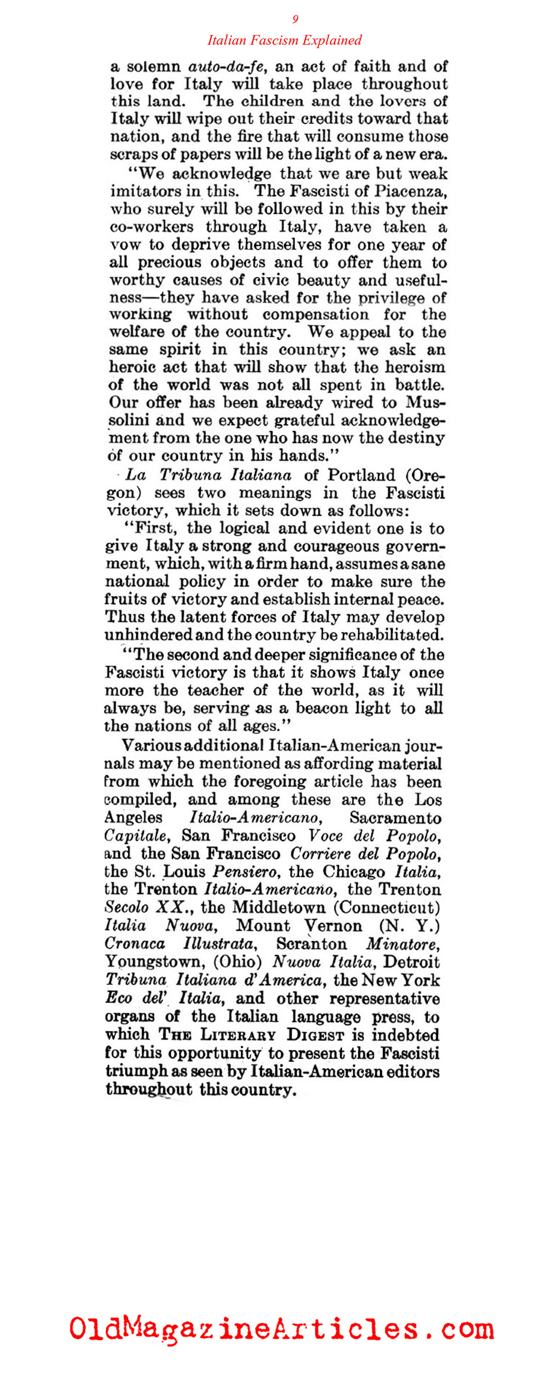 Fascism's Triumph Explained by Italian-American Journalists (Literary Digest, 1922)