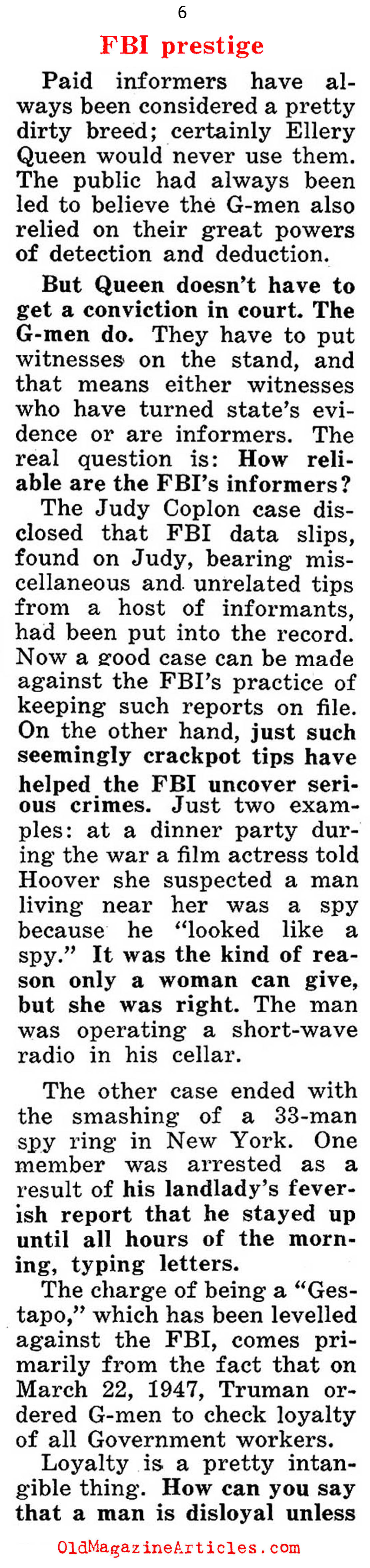 The Damaged Prestige of the FBI (Quick Magazine, 1952)