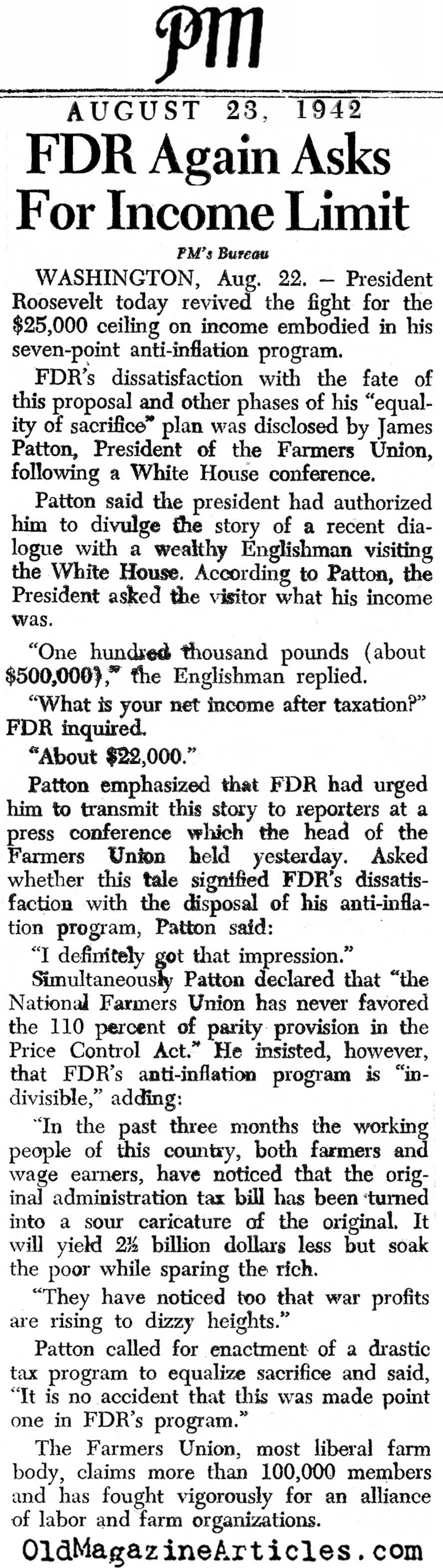 FDR's Proposal to Limit Personal Income (PM Tabloid, 1942)
