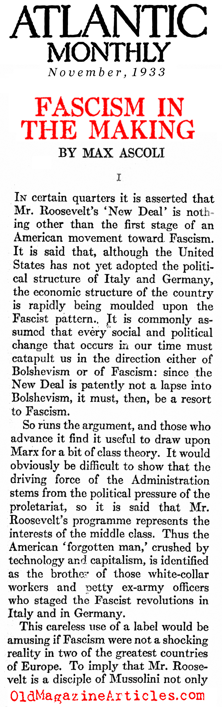 ''The New Deal Was Not Fascist''  (The Atlantic Monthly, 1933)