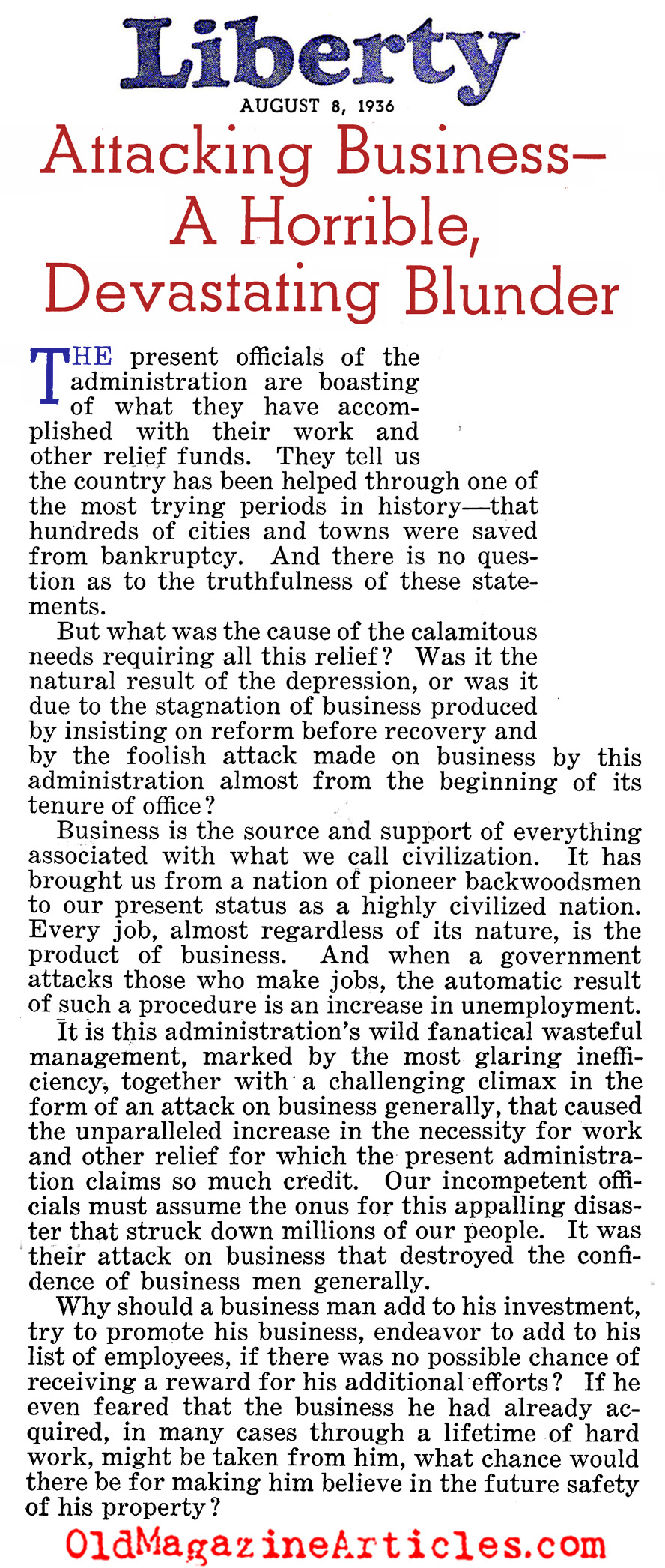 Damaging Businesses was not Helpful (Liberty Magazine, 1936)