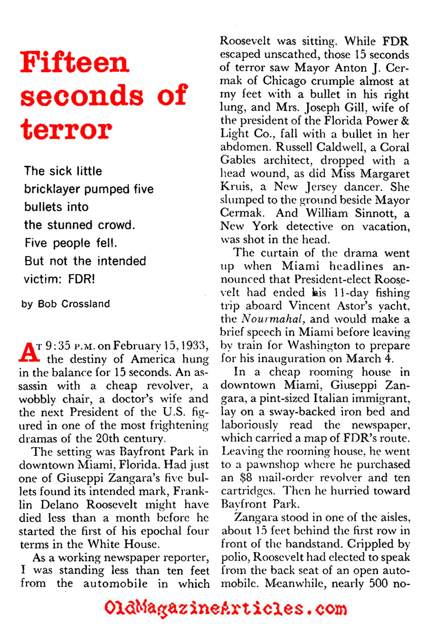 The FDR Assassination Attempt (Coronet Magazine, 1960)