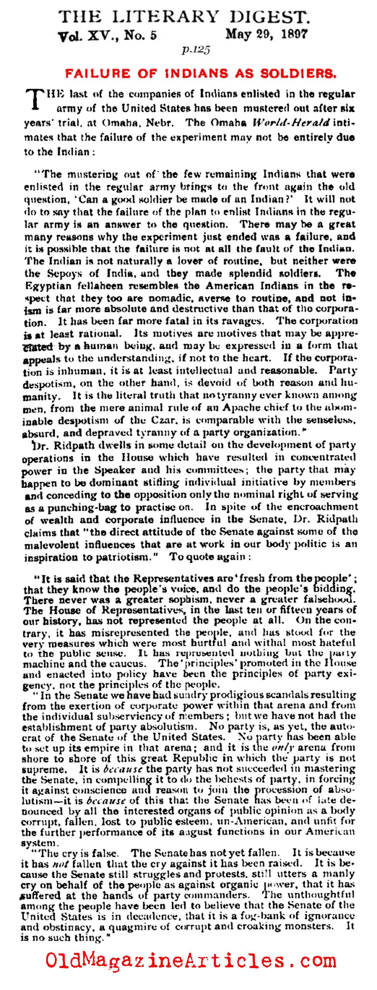 ''Failure of Indians as Soldiers'' (The Literary Digest, 1897)