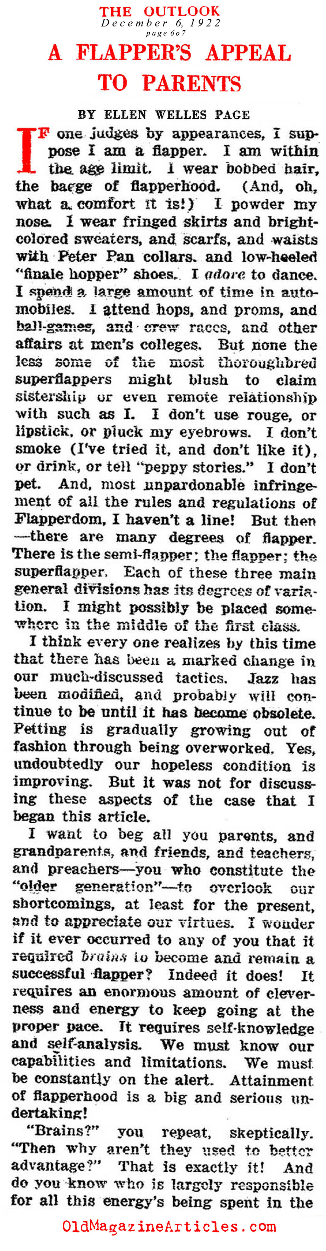 ''A Flapper's Appeal to Parents''  (The Outlook, 1922)