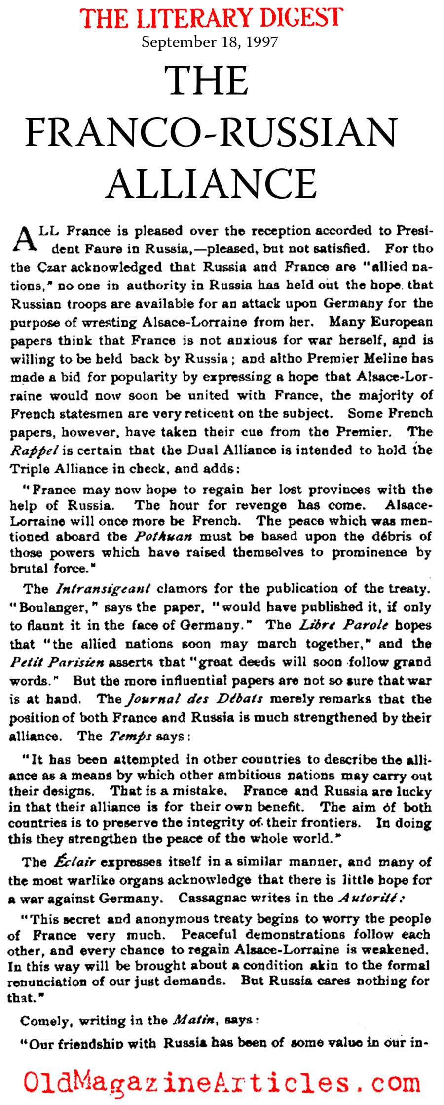 The Franco-Russian Alliance (Literary Digest, 1897)