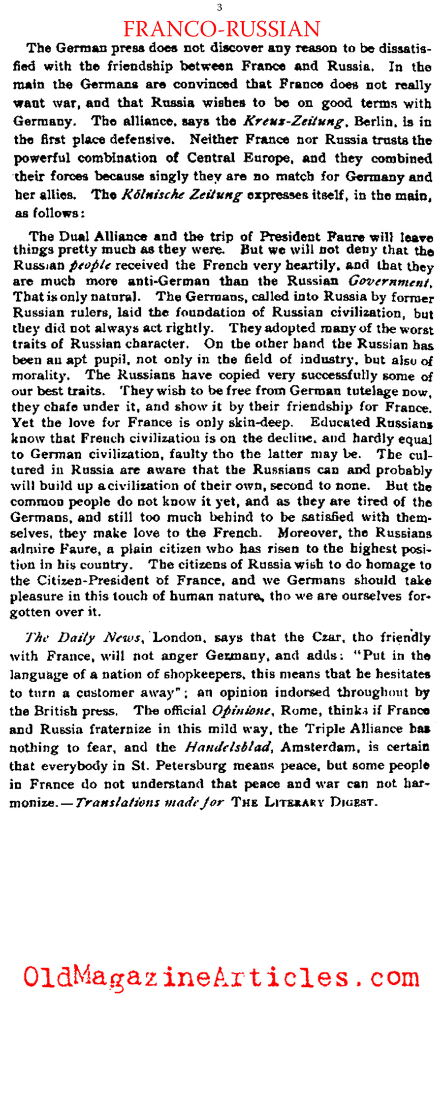 The Franco-Russian Alliance (Literary Digest, 1897)