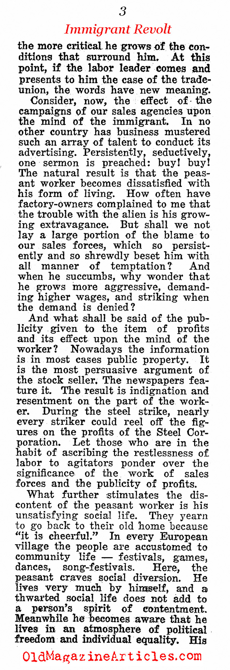 Free Enterprise And The Assimilation of Immigrants (Readers Digest, 1923)