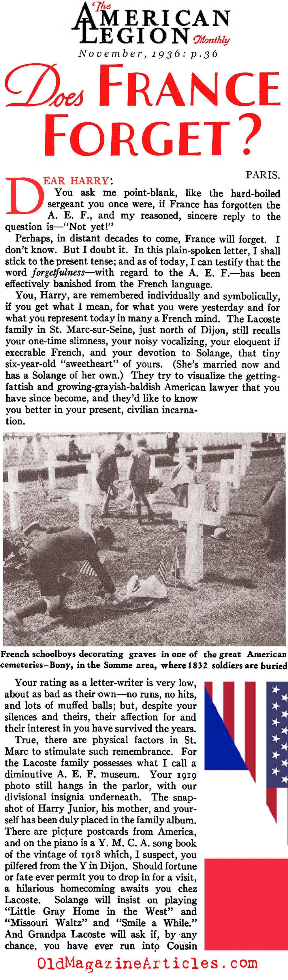 ''Thanks, America'': French Gratitude<BR> (American Legion Monthly, 1936)