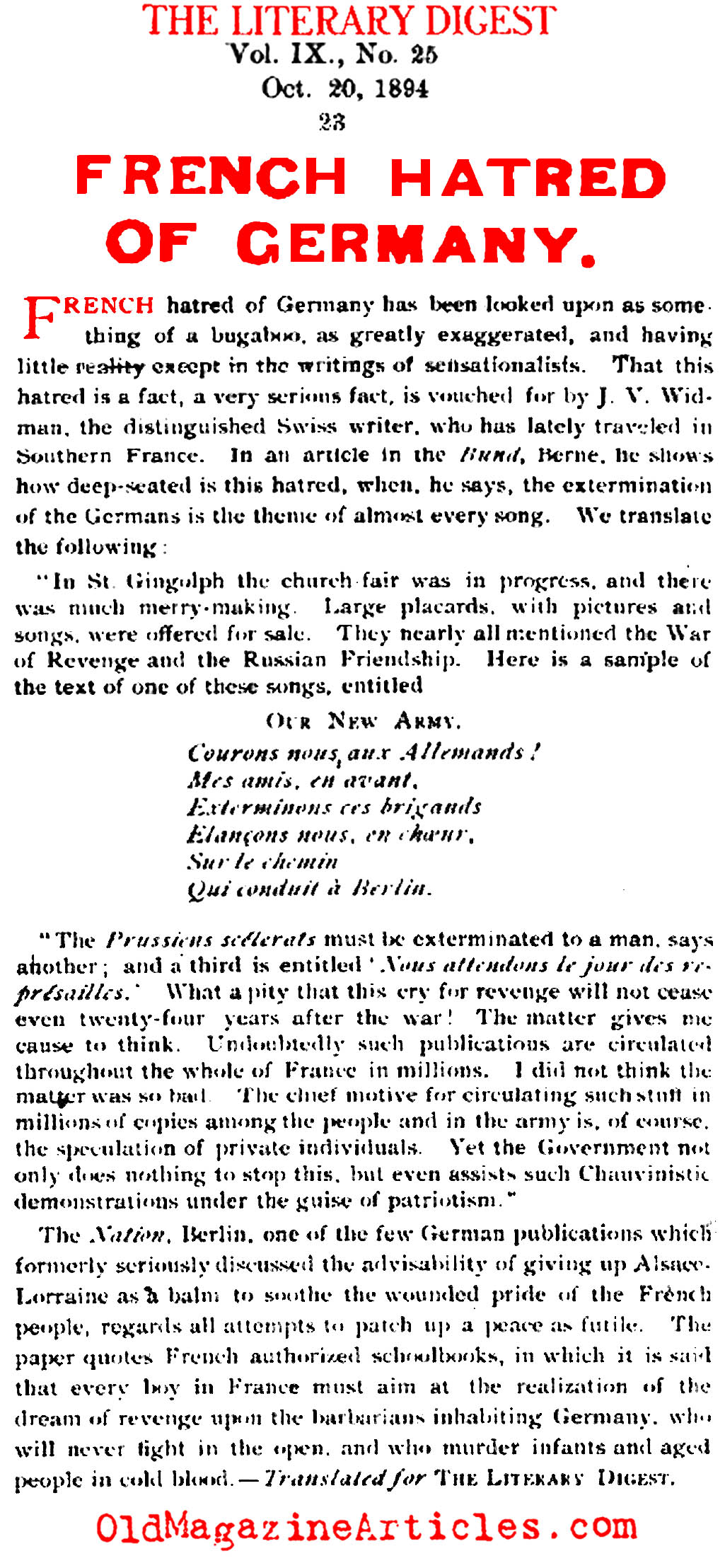 The French Hatred of Germany (Literary Digest, 1894)