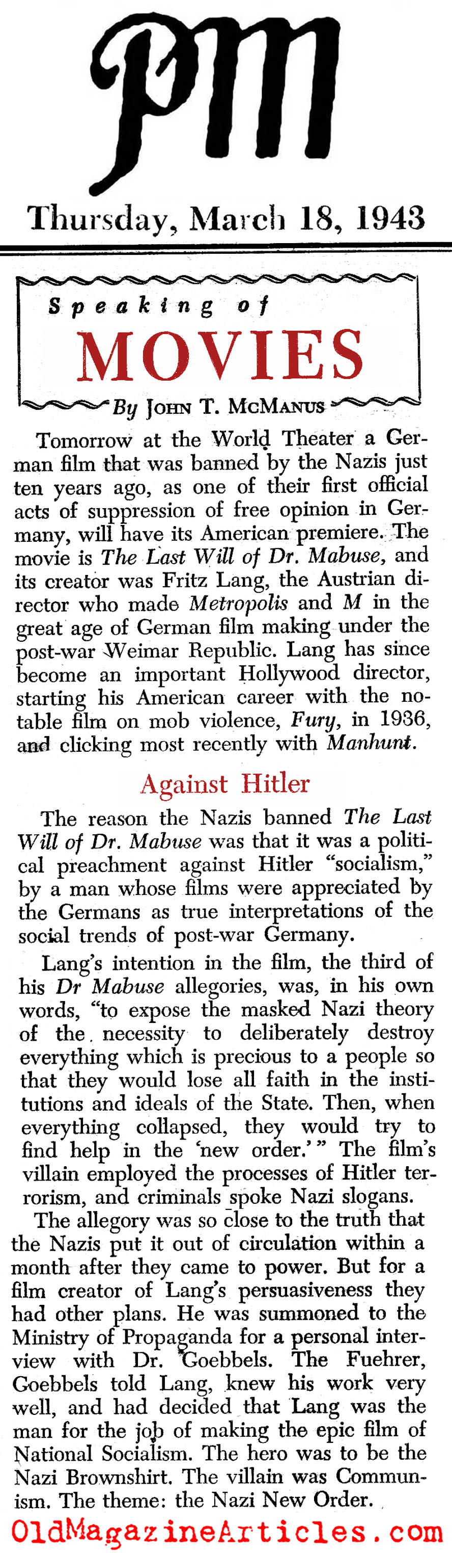 <i>The Last Will of Dr. Mabuse</i> (PM Tabloid, 1943)