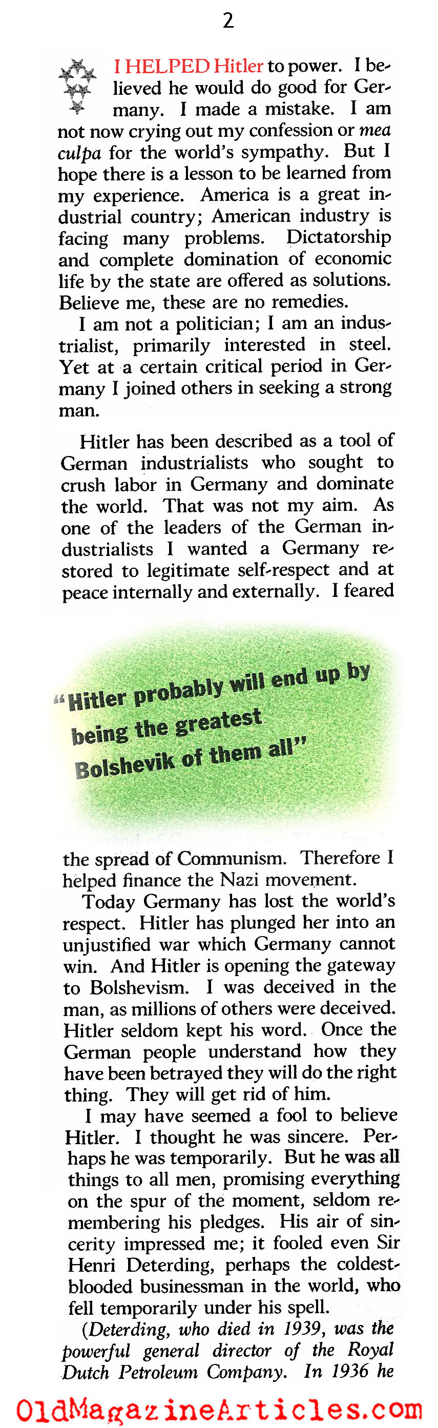 ''I Backed Hitler'' (American Magazine, 1940)