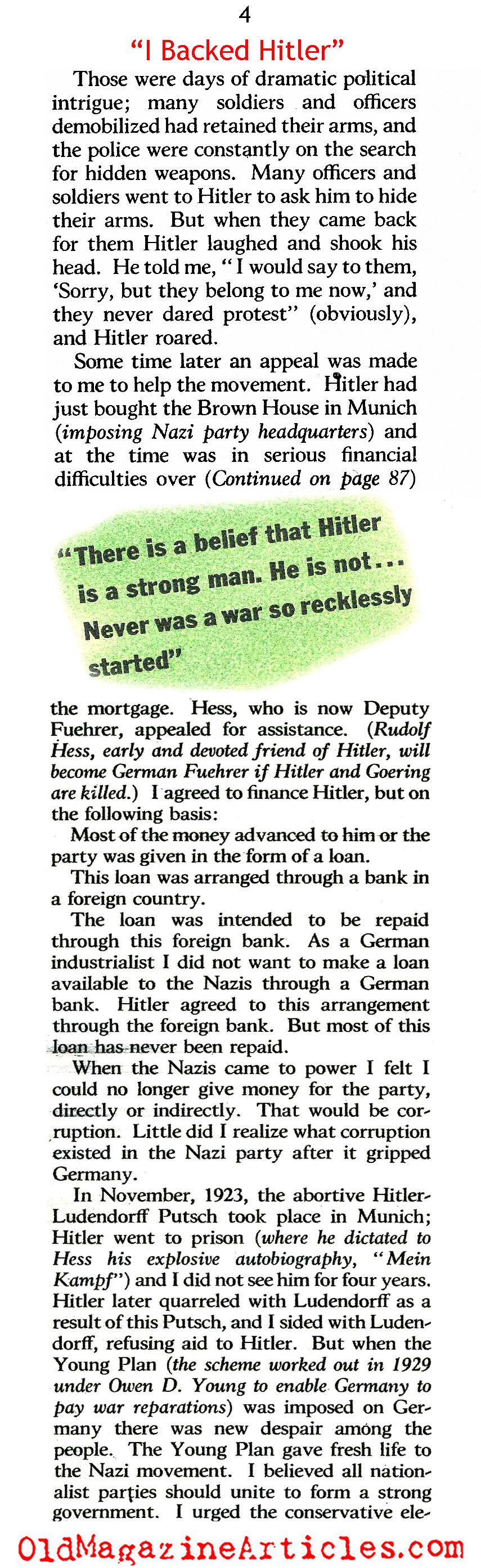 ''I Backed Hitler'' (American Magazine, 1940)