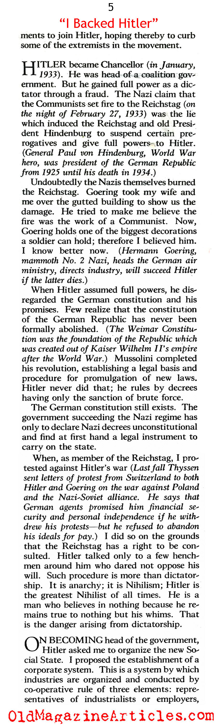 ''I Backed Hitler'' (American Magazine, 1940)