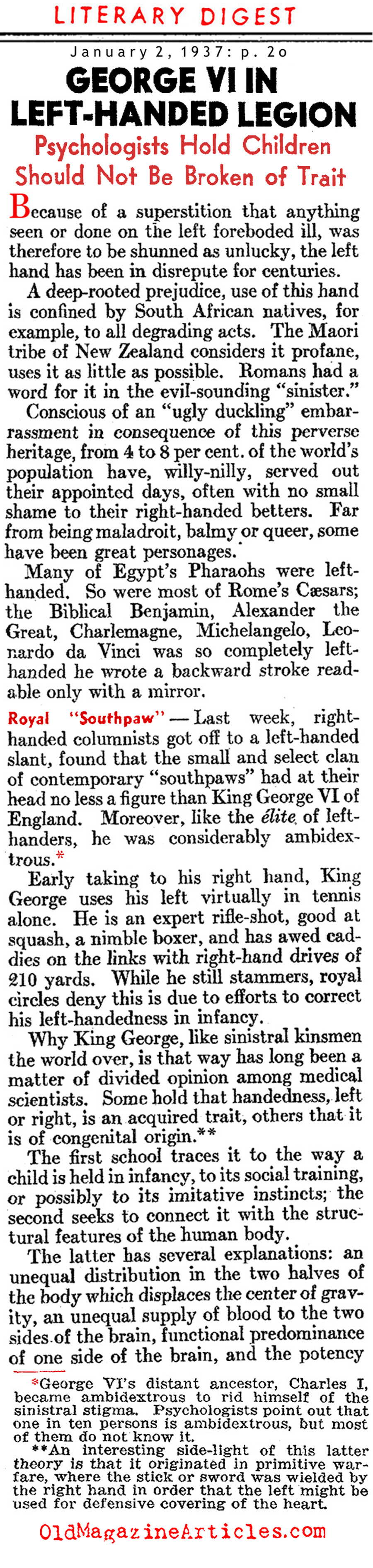 George VI: Corrections were Made that had Consequences (Literary Digest, 1937)