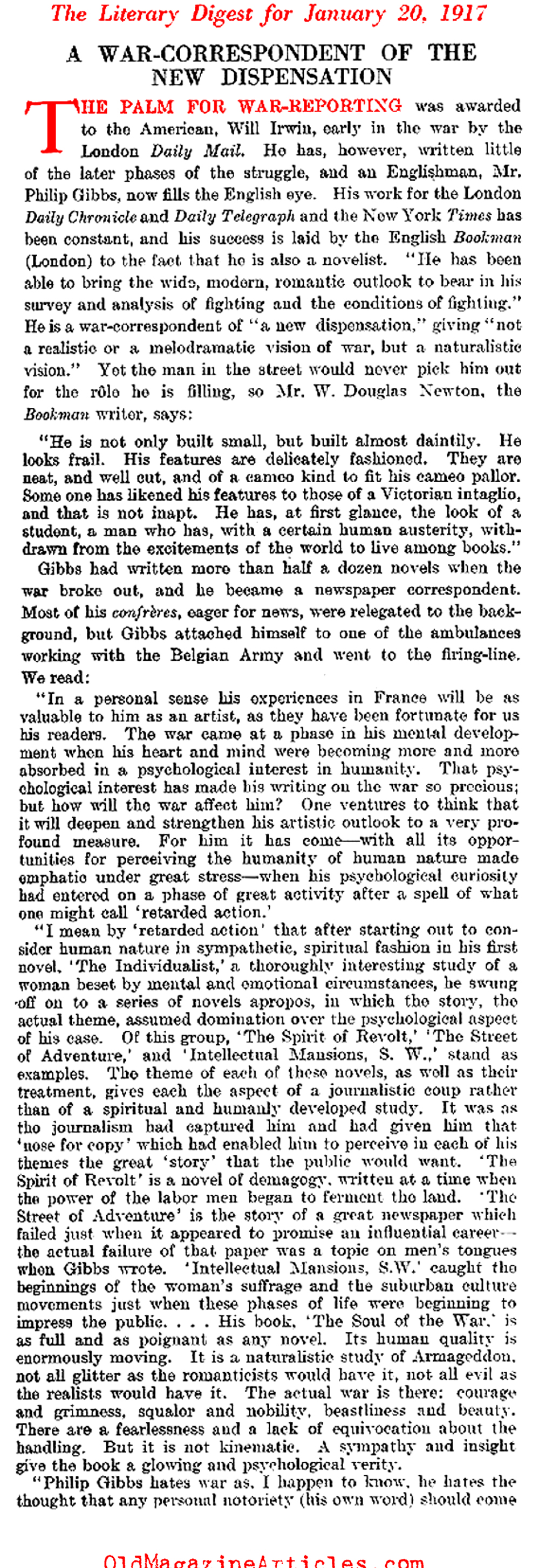 A Tribute to Philip Gibbs:  War - Correspondent (The Literary Digest, 1917)