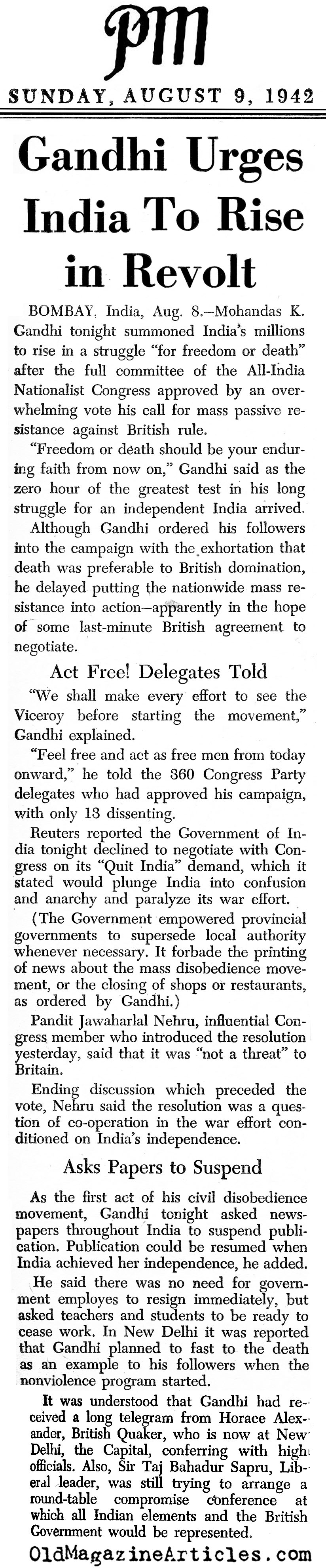Gandhi Urges Revolution (PM Tabloid, 1942)