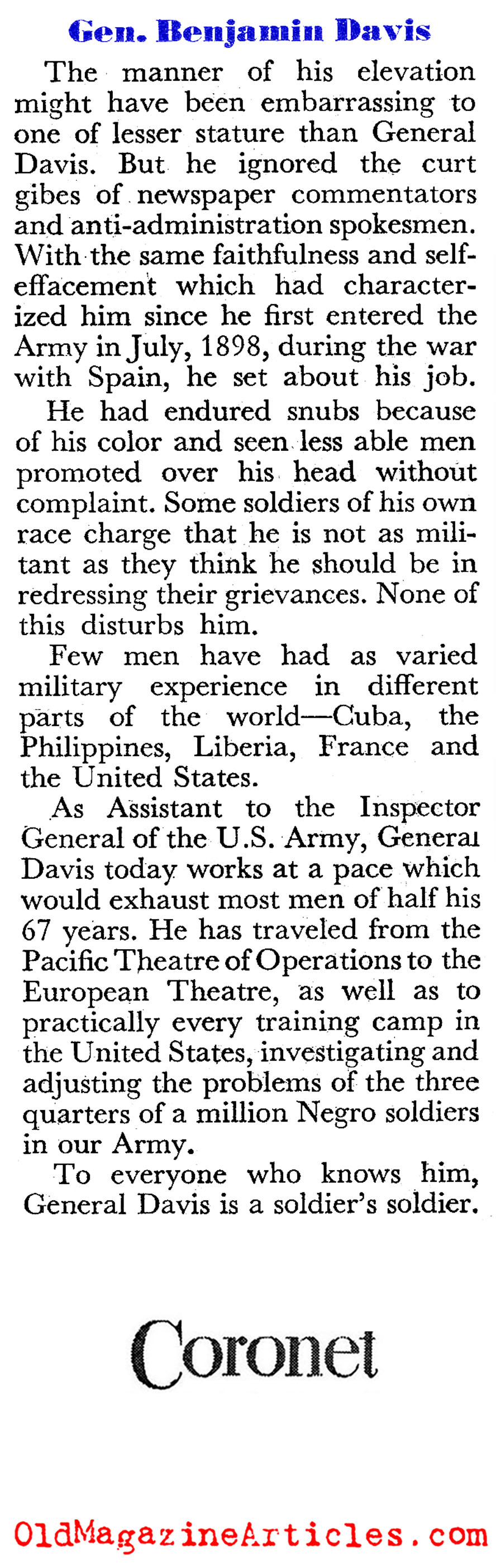U.S. General Benjamin Oliver Davis (Coronet Magazine, 1944)