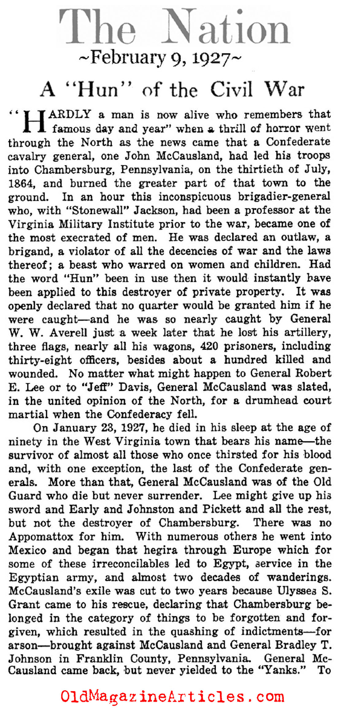 Rebel General John McCausland: the Terror of  Chambersburg, Pennsylvania (The Nation, 1927)