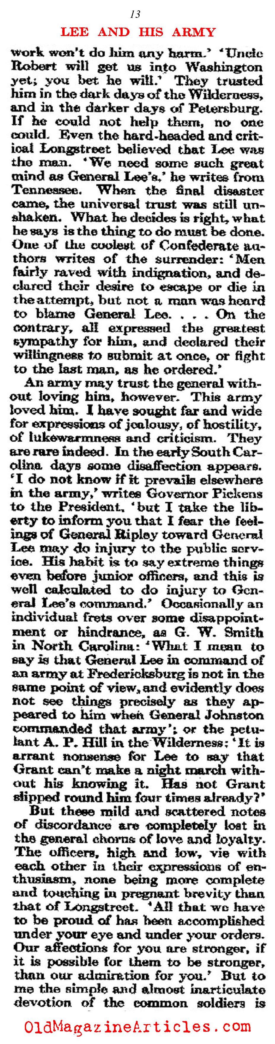 General Lee's Unique Bond with his Army  (Atlantic Monthly, 1911)