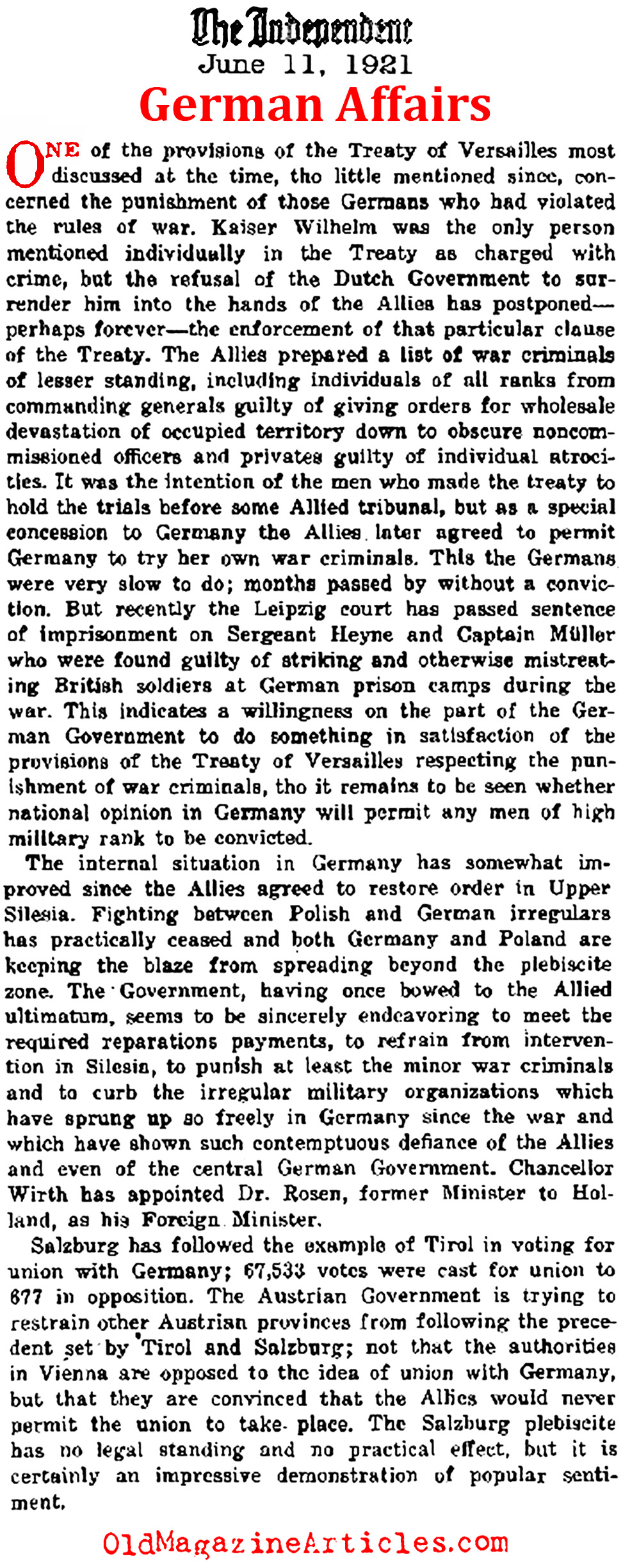 Post-War Germany Struggled Under the Versailles Treaty (The Independent, 1921)