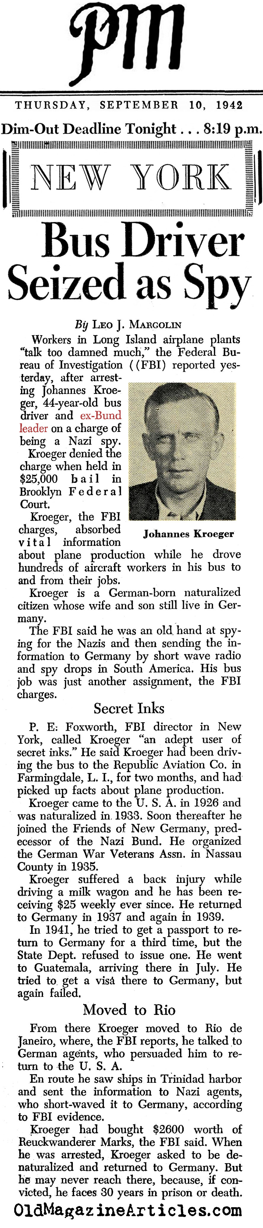 Bundist Arrested As Spy (PM Tabloid, 1942)