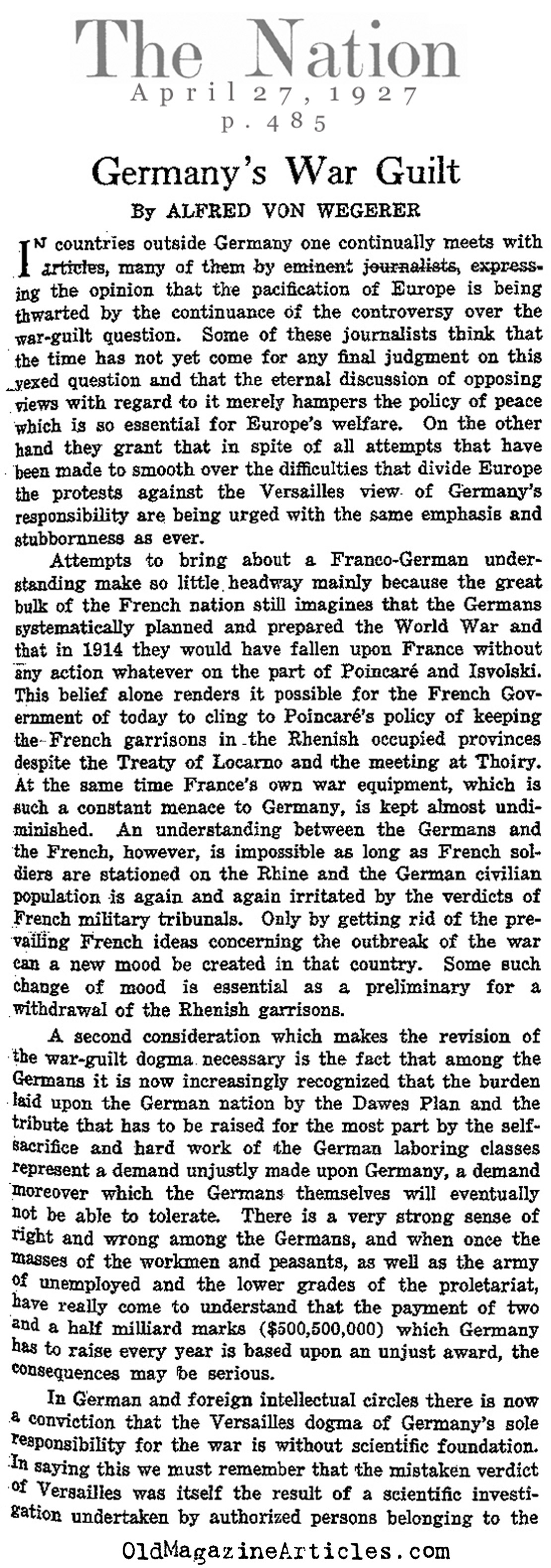 Questioning German War Guilt (The Nation, 1927)