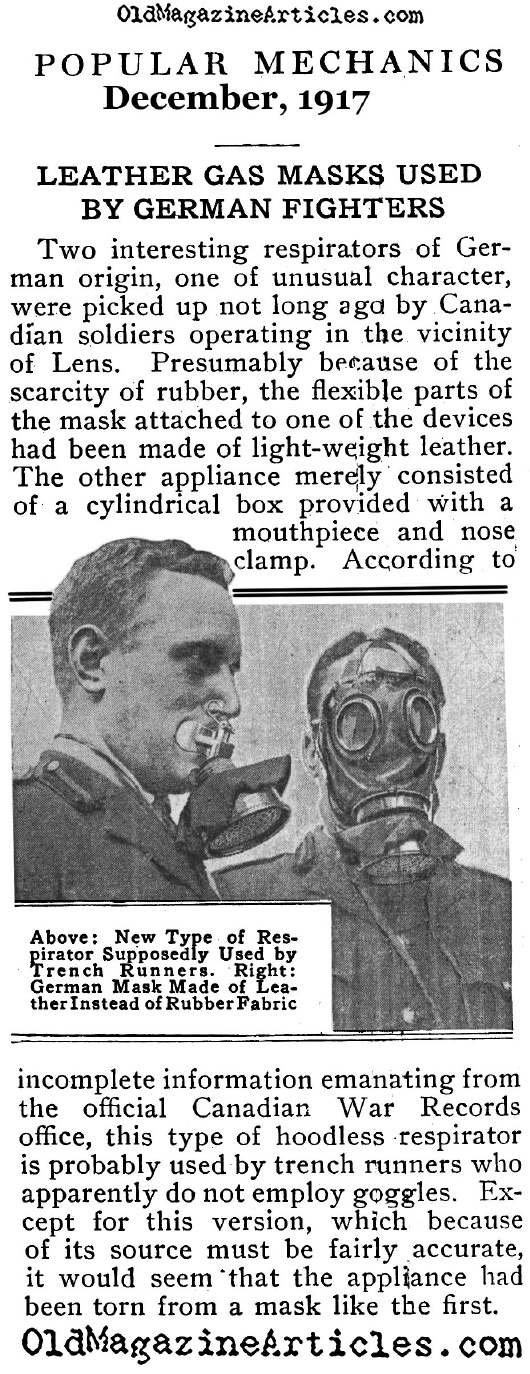 Germany Introduces the Leather Gas Mask (Popular Mechanics, 1917)