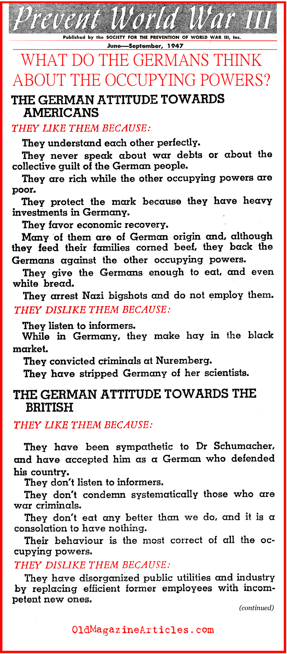 What Did the Germans Think of Their Occupiers? (Prevent W.W. III Magazine, 1947)