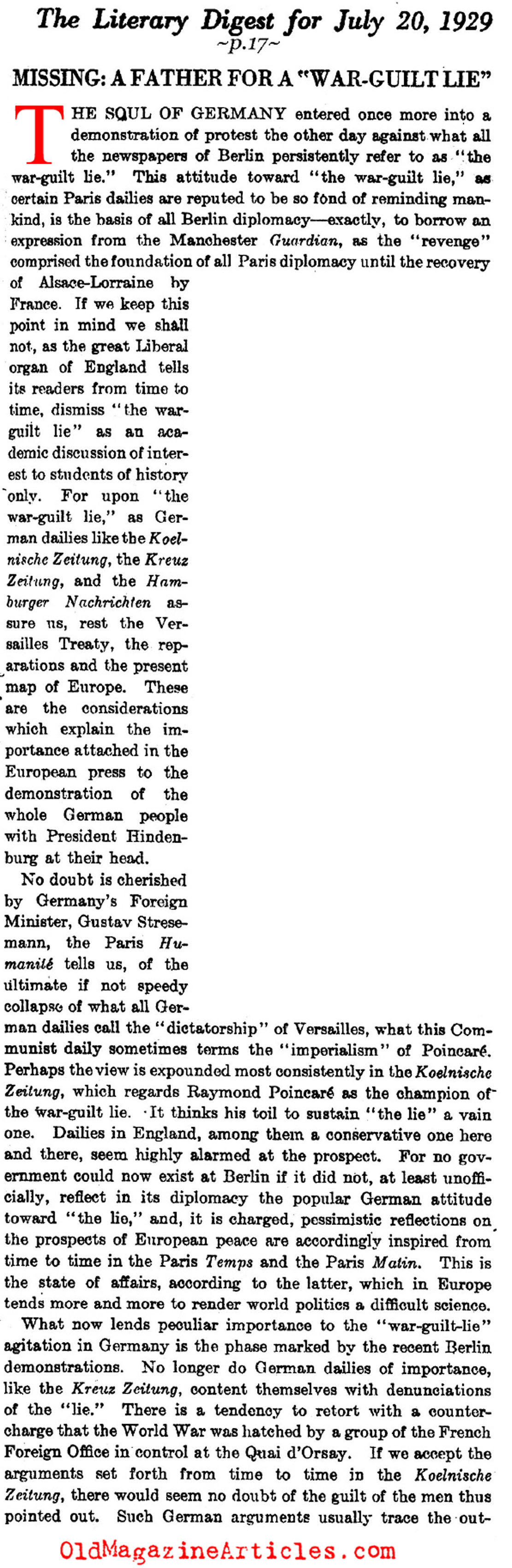 Germany's Discomfort Over the War-Guilt Clause (Literary Digest, 1929)
