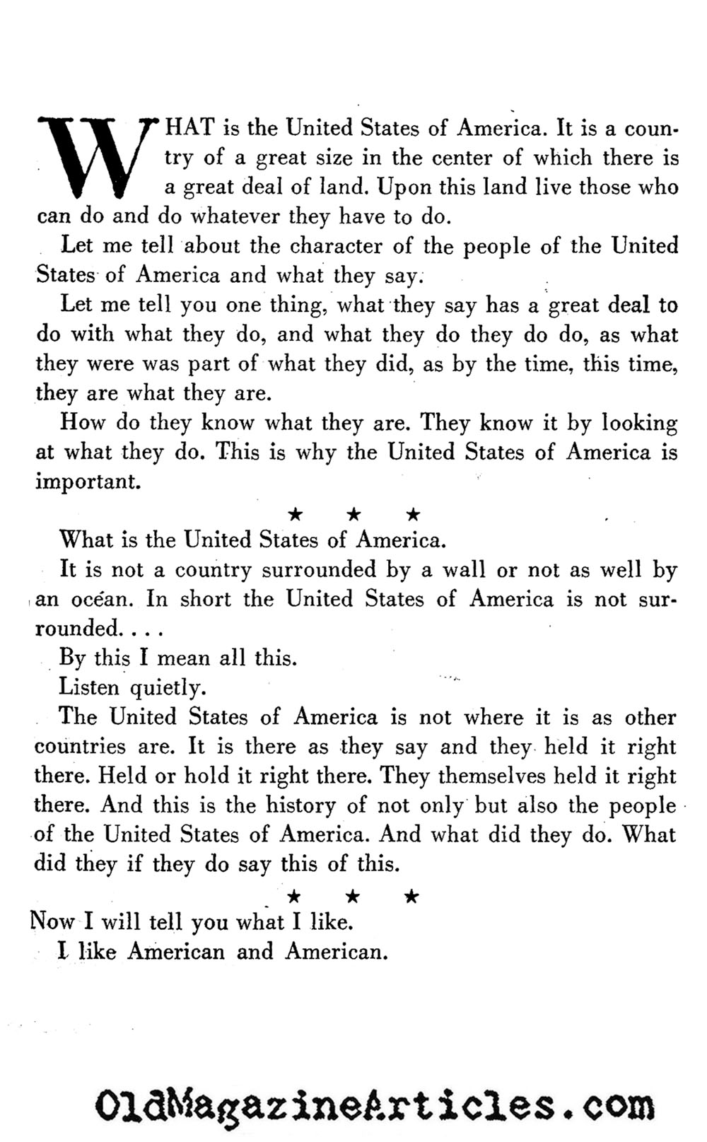 Gertrude Stein on America ('47 Magazine, 1947)