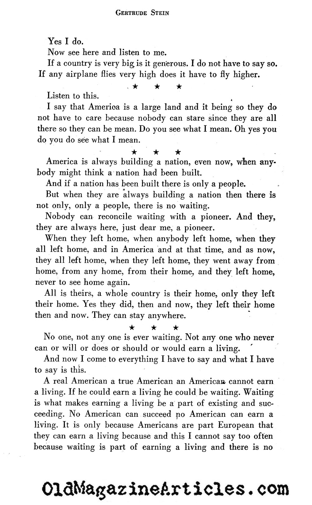 Gertrude Stein on America ('47 Magazine, 1947)