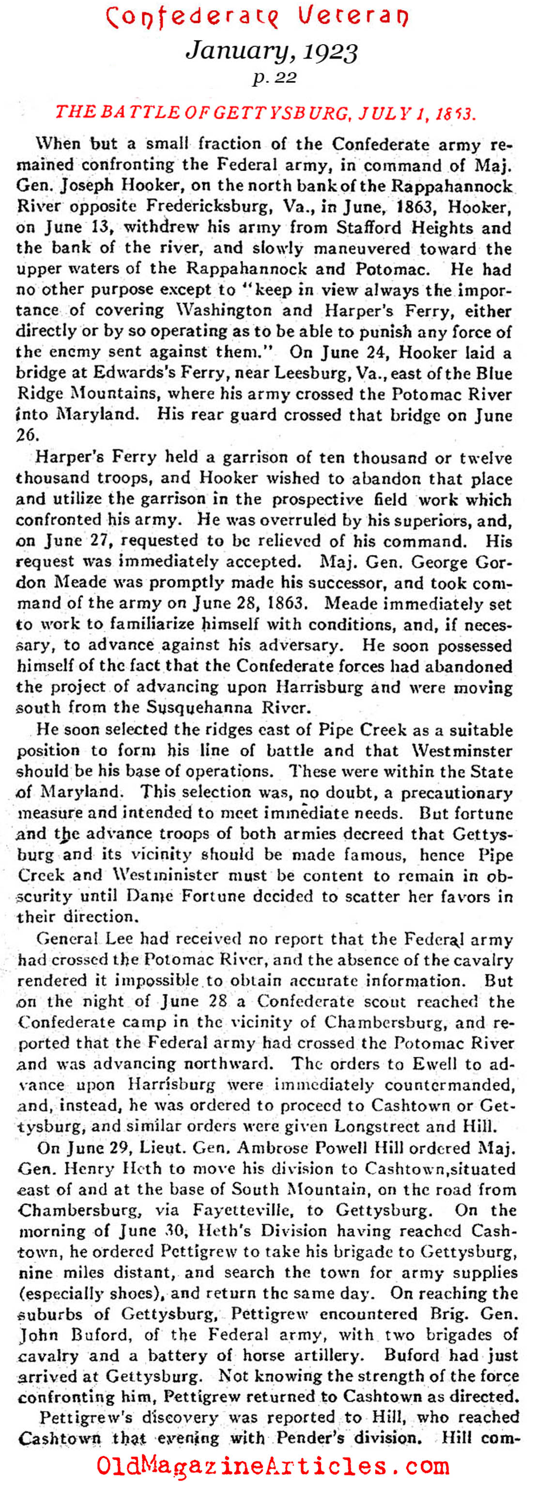 The Confederate Error on the First Day at Gettysburg (Confederate Veteran Magazine, 1923)