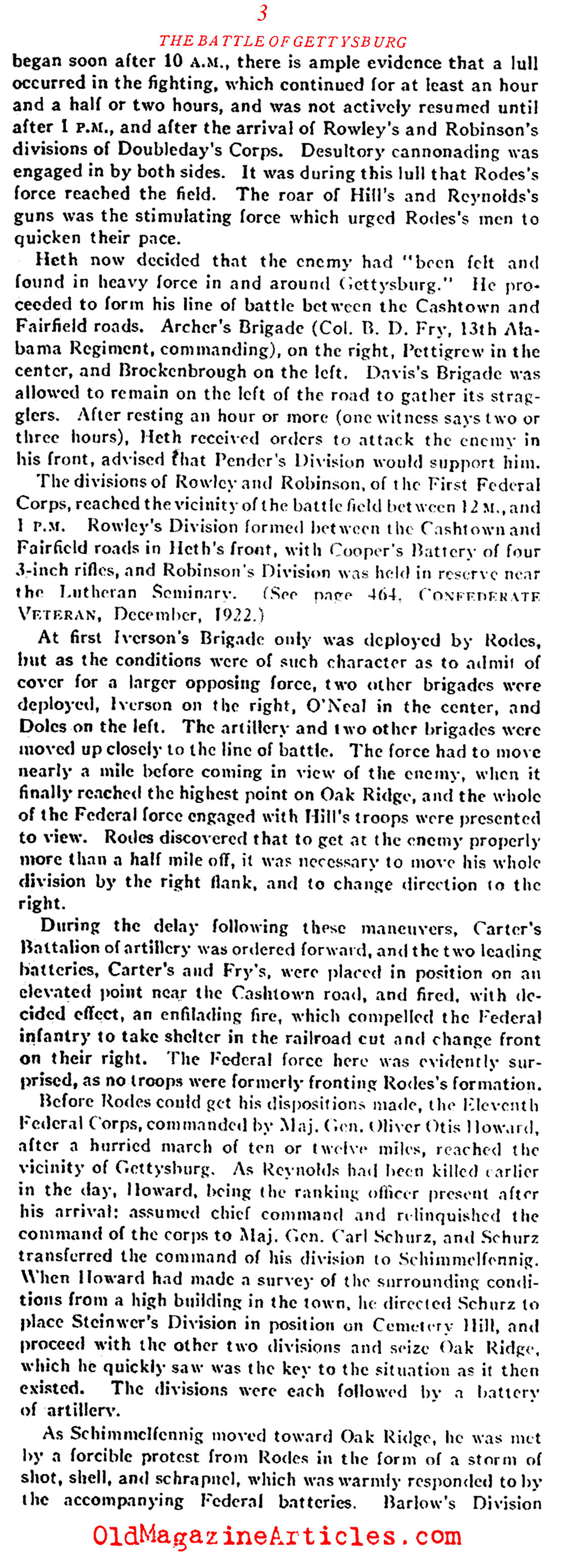 The Confederate Error on the First Day (Confederate Veteran Magazine, 1923)