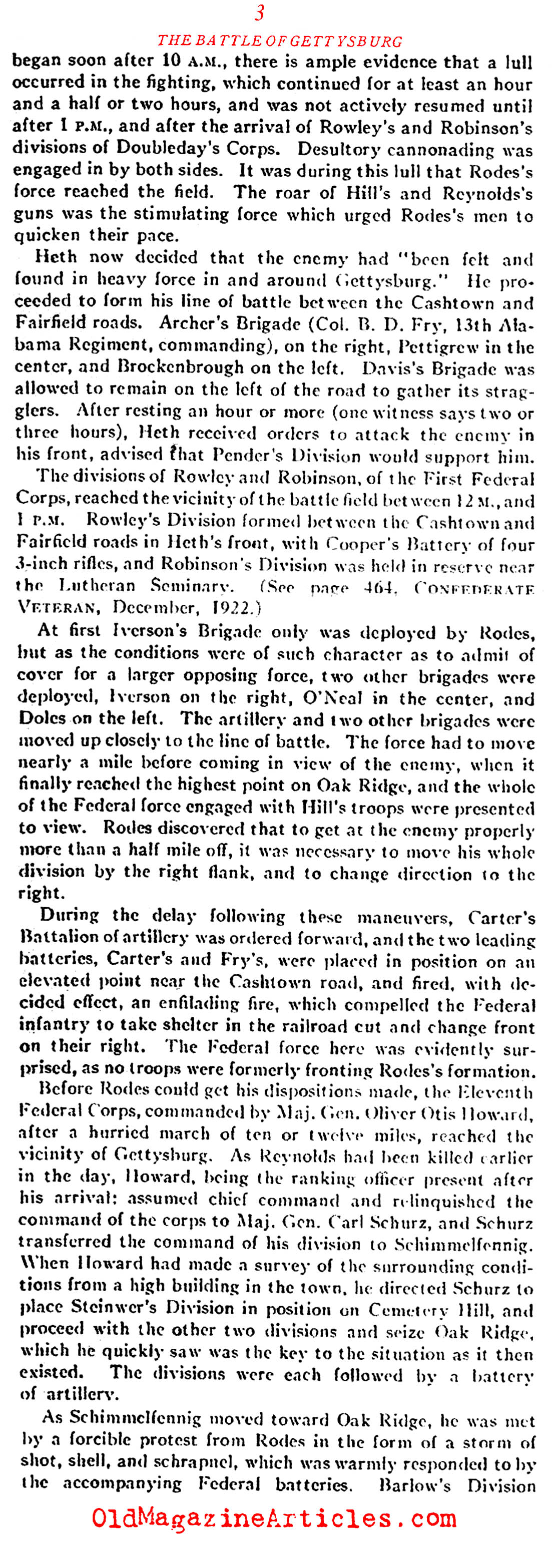 The Confederate Error on the First Day at Gettysburg (Confederate Veteran Magazine, 1923)