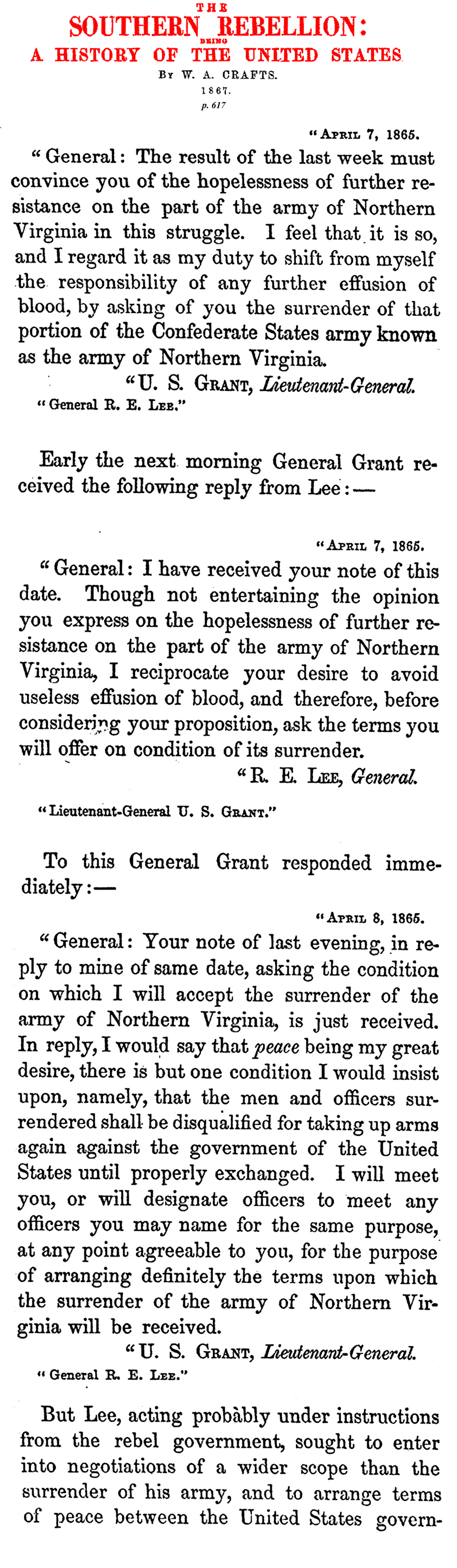 The Closing Letters Between Generals Grant and Lee (The Rebellion, 1867)