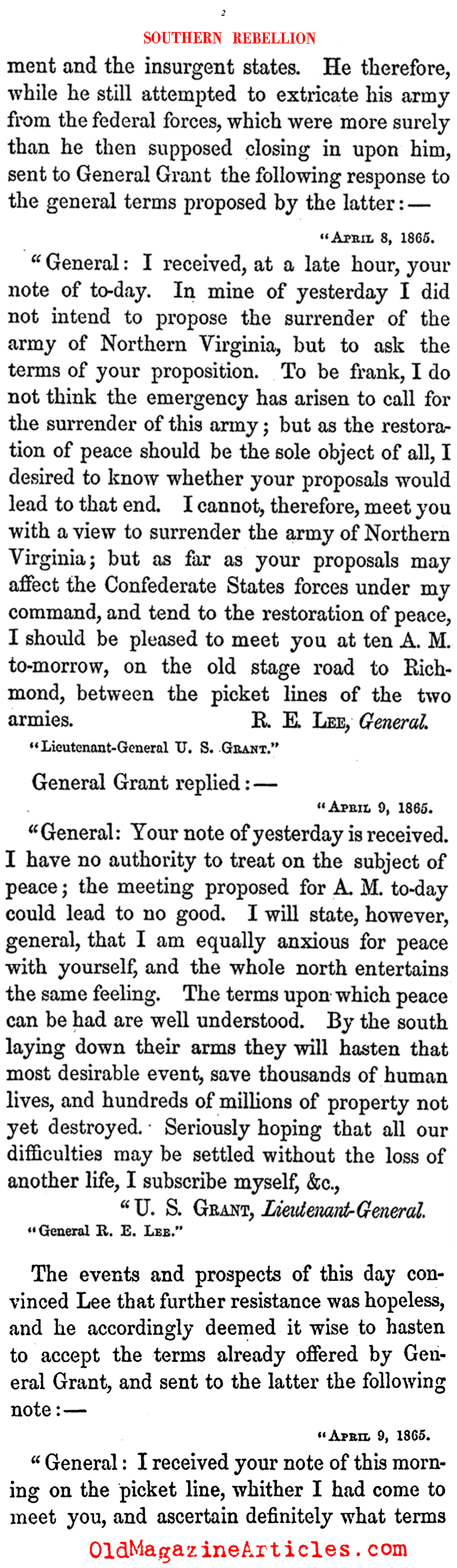 The Closing Letters Between Generals Grant and Lee (The Rebellion, 1867)