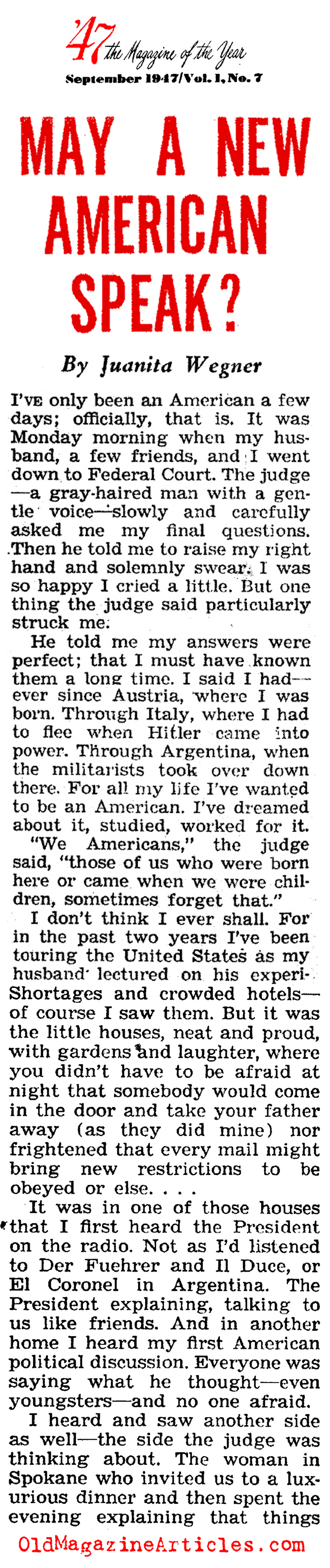 A Grateful Immigrant Speaks ('47 Magazine, 1947)