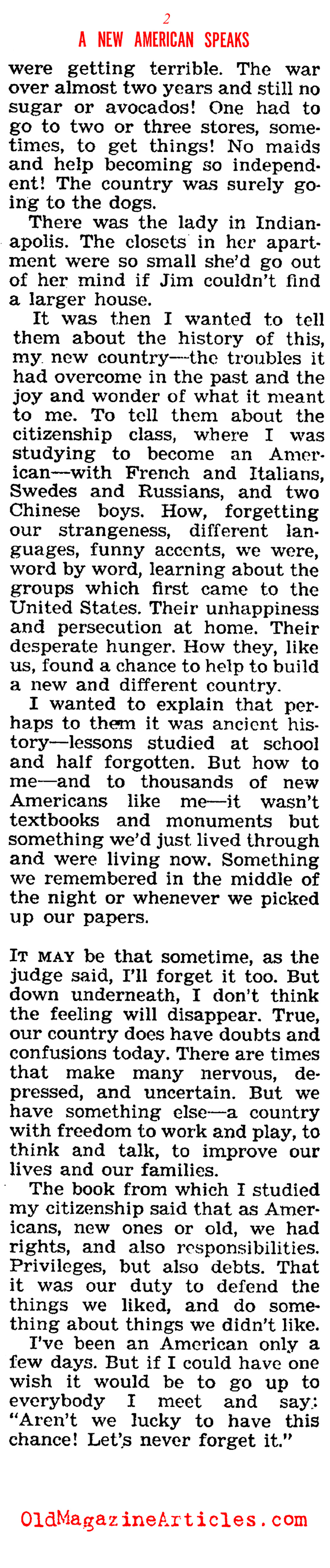 A Grateful Immigrant Speaks ('47 Magazine, 1947)