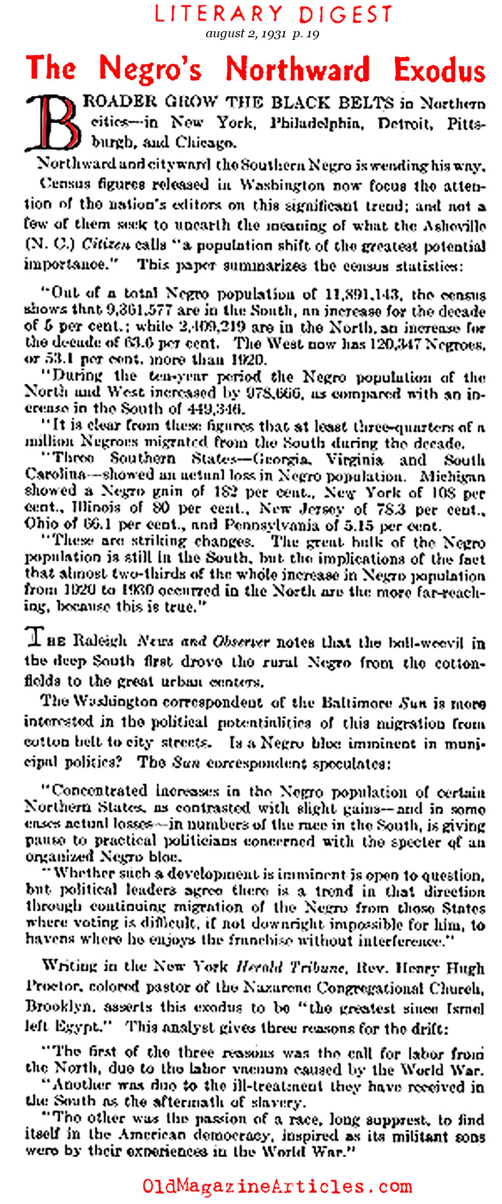 The Negro's Northern Exodus (The Literary Digest, 1931)