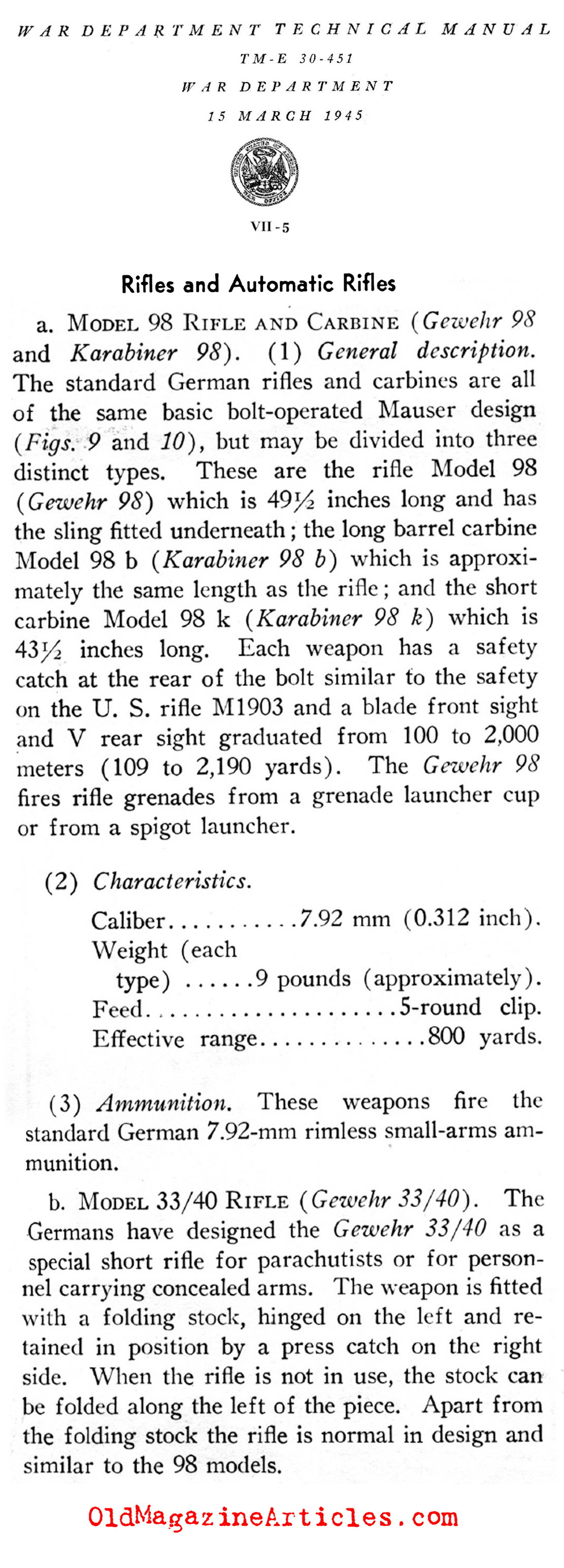 German Rifles (U.S. Dept of War, 1945)