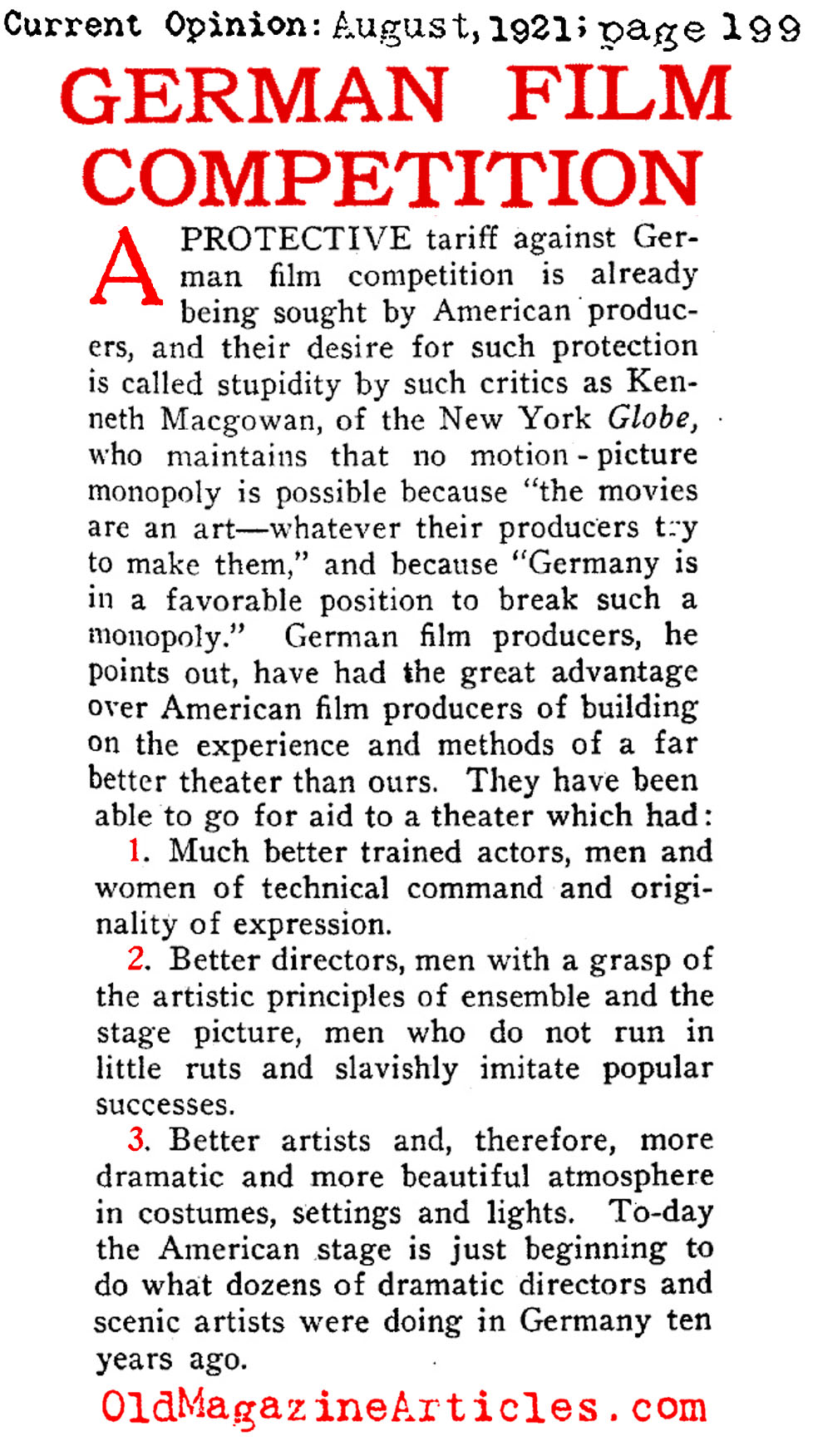 Fearing German Filmmakers  (Current Opinion, 1921)