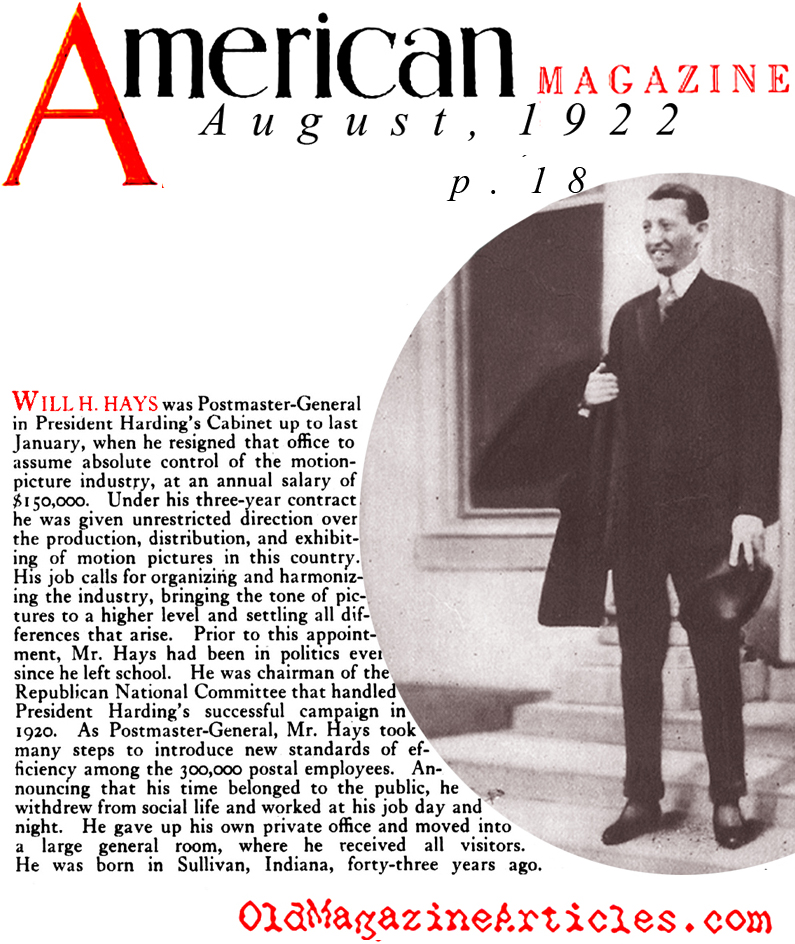 Will Hays Comes to Hollywood (The American Magazine, 1922)