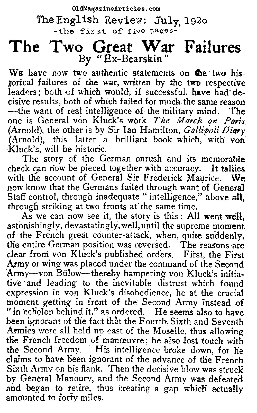 Recalling Two of the War's Blunders (The English Review, 1920)